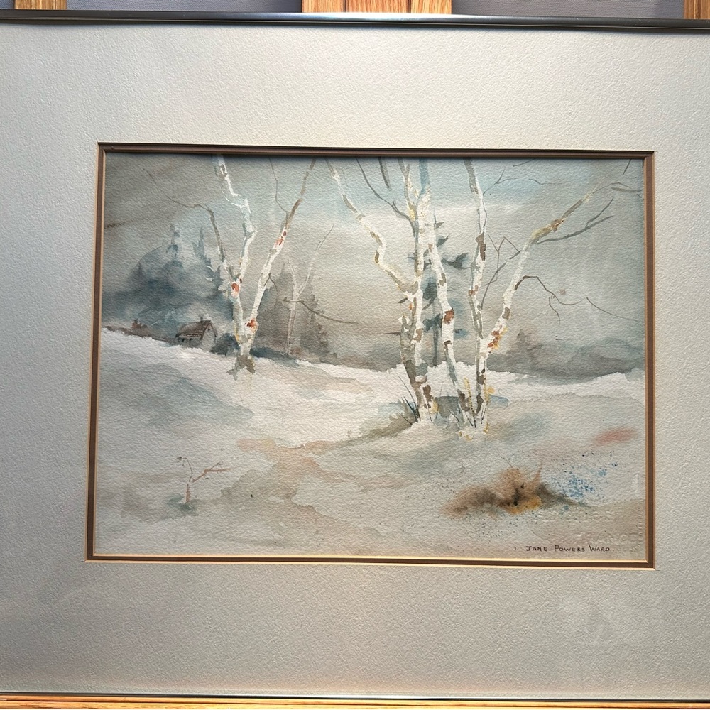 Original watercolor “Edge of Time” winter landscape with snow and cabin
